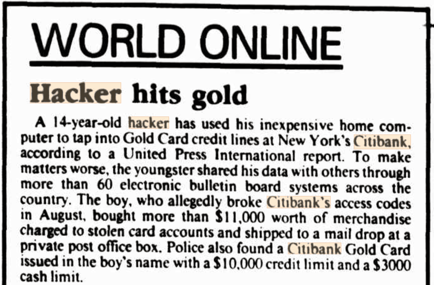 Screenshot of a newspaper article titled "Hacker hits gold" in the "WORLD ONLINE" section of The Canberra Times 1989-10-30 Mon.